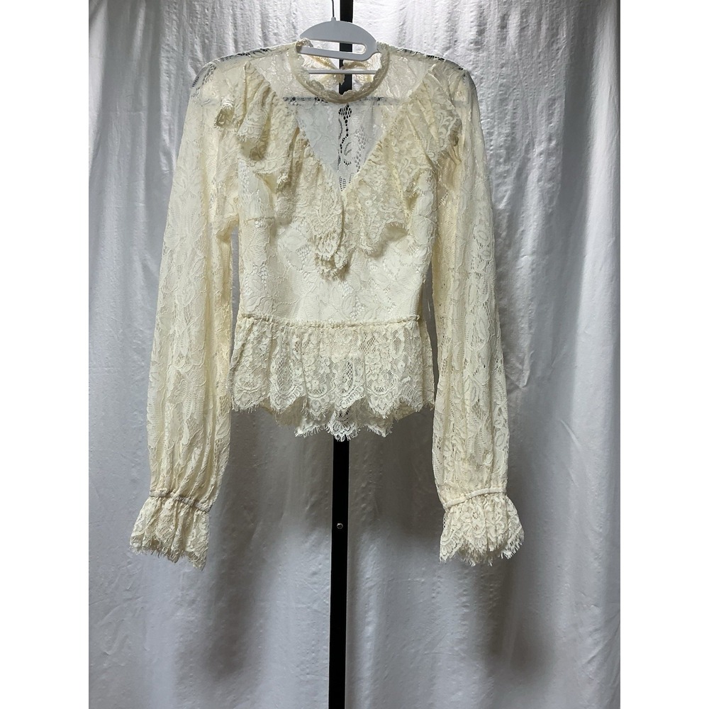 Altar'd State Lace Blouse M Cream Ivory Ruffle Peplum Open Back NWT $74
